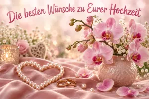 Rosa Orchideen, goldene Ringe und ein Herz aus Perlen liegen auf rosa Stoff: "Die besten Wünsche zu Eurer Hochzeit".