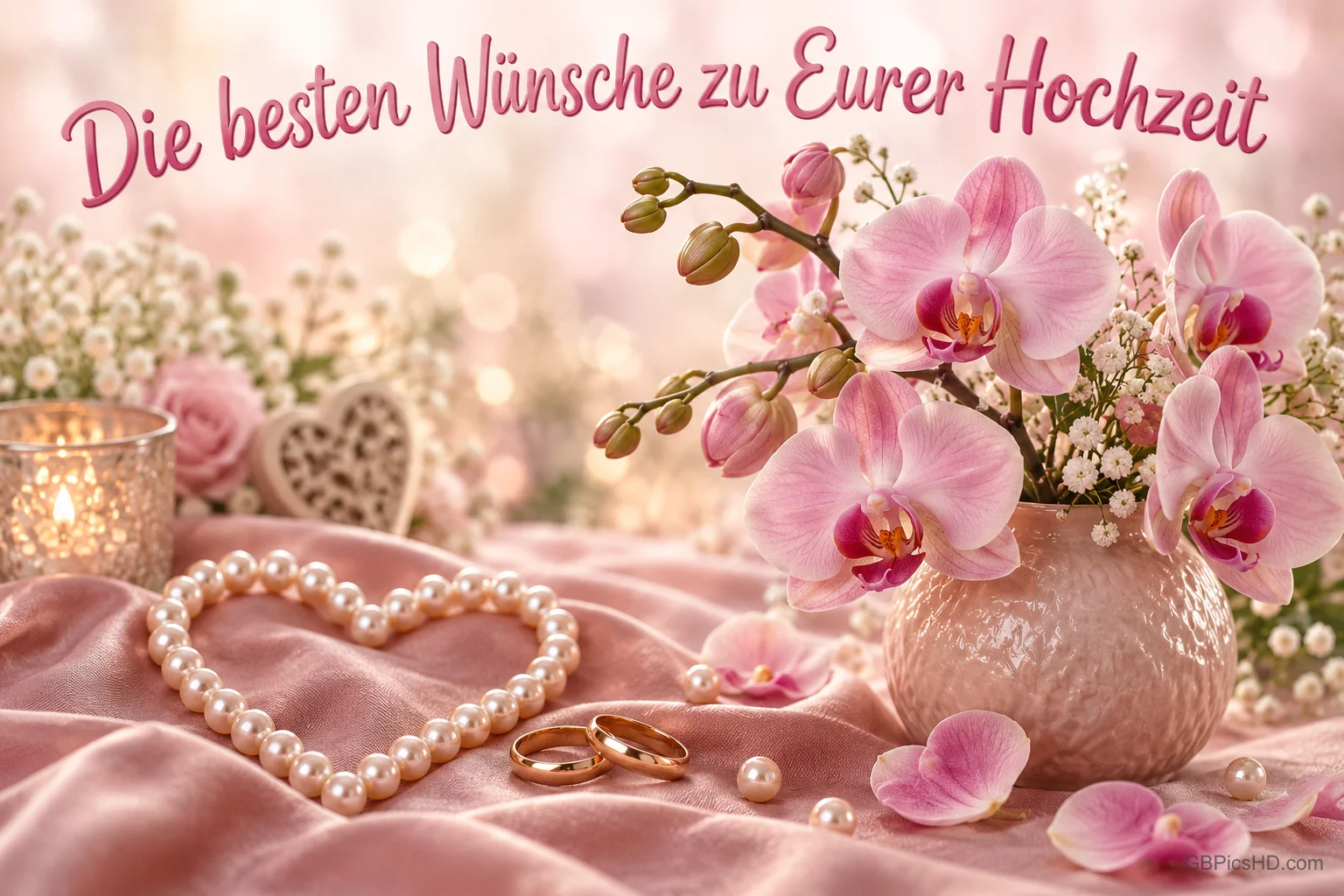 Rosa Orchideen, goldene Ringe und ein Herz aus Perlen liegen auf rosa Stoff: "Die besten Wünsche zu Eurer Hochzeit".