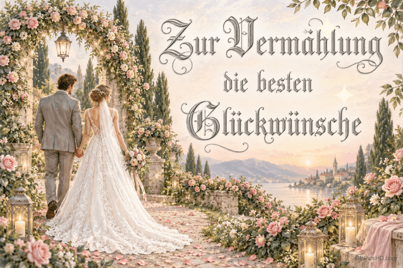 Ein Brautpaar hält sich unter einem Blütenbogen vor einer Seelandschaft an den Händen: "Zur Vermählung die besten Glückwünsche".