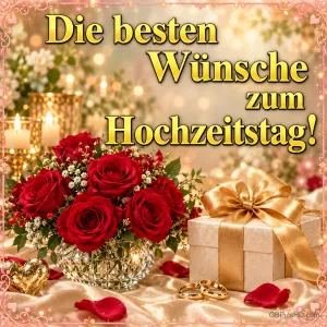 Rote Rosen, goldene Ringe und ein Geschenk begleiten den Gruß "Die besten Wünsche zum Hochzeitstag!".