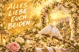 Zwei weiße Tauben berühren ihre Schnäbel über goldenen Ringen und Rosen im Abendlicht: "ALLES LIEBE EUCH BEIDEN".