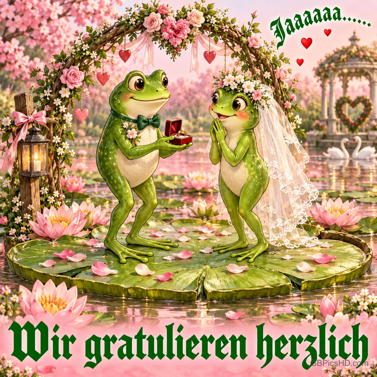 Zwei Frösche mit Ringkästchen und Brautschleier stehen auf Seerosenblättern: "Jaaaaaa...... Wir gratulieren herzlich".