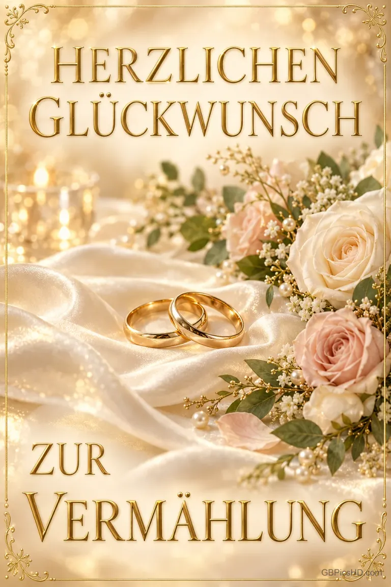 Goldene Trauringe auf hellem Satin neben weißen und rosa Rosen mit "HERZLICHEN GLÜCKWUNSCH ZUR VERMÄHLUNG".