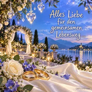 Trauringe, Rosen und gläserne Herzen vor einem See mit "Alles Liebe für den gemeinsamen Lebensweg...".