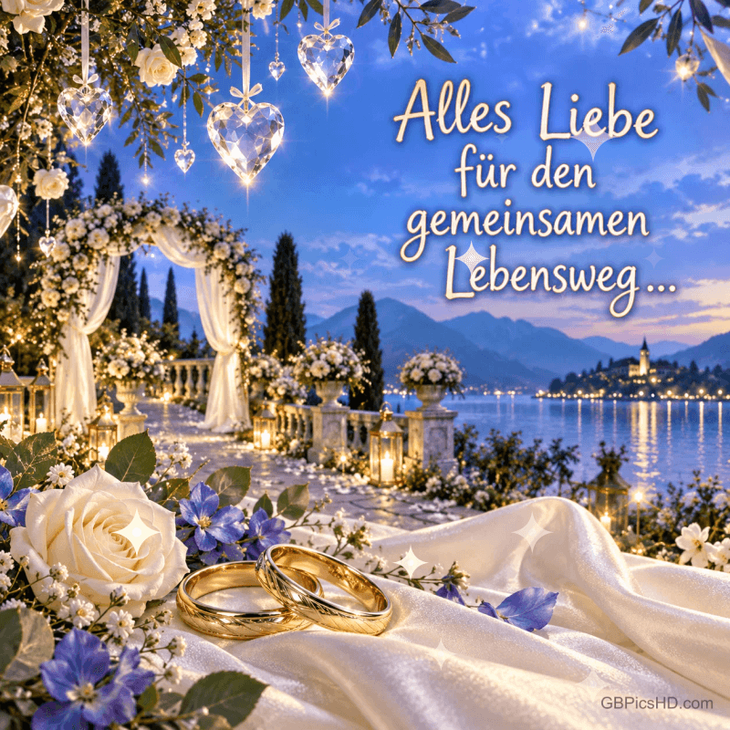 Trauringe, Rosen und gläserne Herzen vor einem See mit "Alles Liebe für den gemeinsamen Lebensweg...".