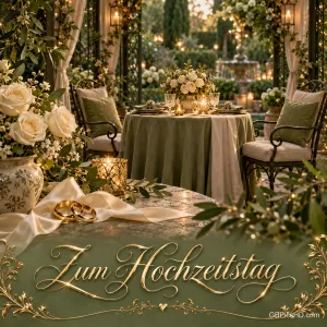 Ein festlich gedeckter Tisch für zwei im Garten, weiße Rosen und Trauringe mit "Zum Hochzeitstag".