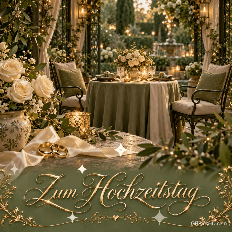 Ein festlich gedeckter Tisch für zwei im Garten, weiße Rosen und Trauringe mit "Zum Hochzeitstag".