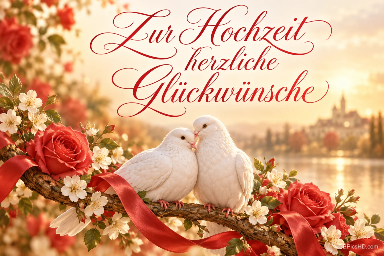 Zwei weiße Tauben auf einem Ast mit roten Rosen und rotem Band am Wasser mit "Zur Hochzeit herzliche Glückwünsche".