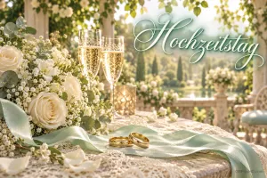Zwei Trauringe auf einem grünen Satinband neben weißen Rosen und Sektgläsern mit "Hochzeitstag".