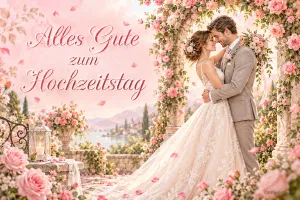 Ein Brautpaar umarmt sich unter einem Bogen aus rosa Rosen mit "Alles Gute zum Hochzeitstag".
