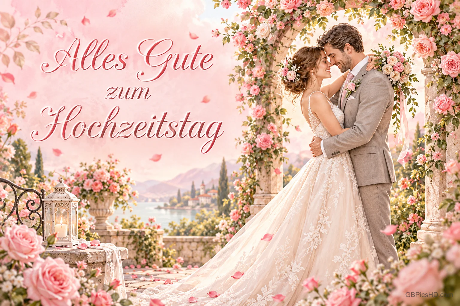 Ein Brautpaar umarmt sich unter einem Bogen aus rosa Rosen mit "Alles Gute zum Hochzeitstag".