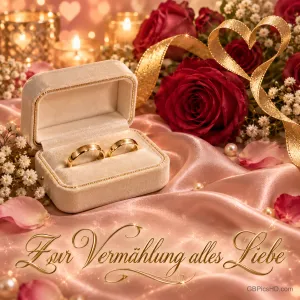 Zwei Goldringe in einer offenen Schatulle auf rosa Satin, rote Rosen und ein goldenes Bandherz mit "Zur Vermählung alles Liebe".