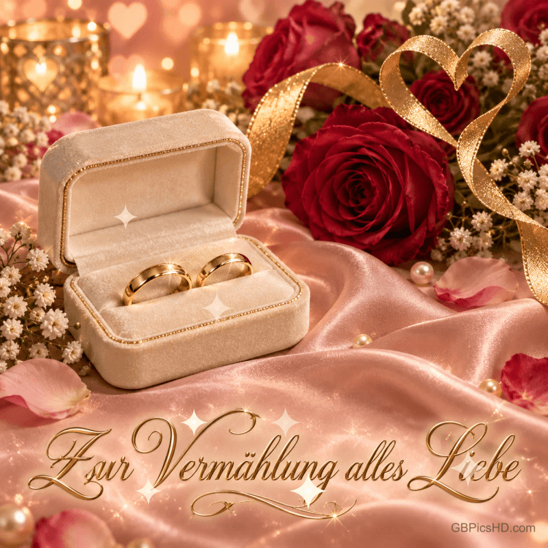 Zwei Goldringe in einer offenen Schatulle auf rosa Satin, rote Rosen und ein goldenes Bandherz mit "Zur Vermählung alles Liebe".