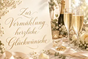 Eine Karte mit "Zur Vermählung herzliche Glückwünsche" steht neben Sektgläsern, goldenen Ringen und weißen Rosen.