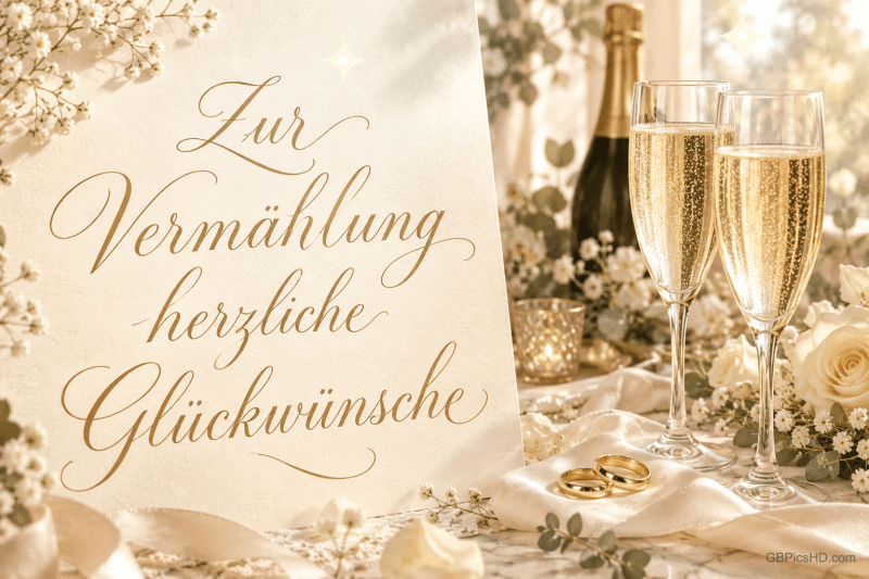 Eine Karte mit "Zur Vermählung herzliche Glückwünsche" steht neben Sektgläsern, goldenen Ringen und weißen Rosen.