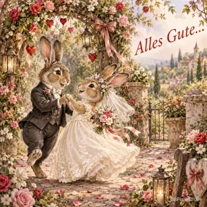 Zwei Kaninchen als Brautpaar halten unter einem Rosenbogen die Pfoten zusammen, dazu "Alles Gute..".