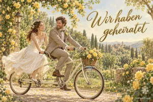 Ein Brautpaar fährt auf einem Tandem durch einen blühenden Garten; rechts steht "Wir haben geheiratet".