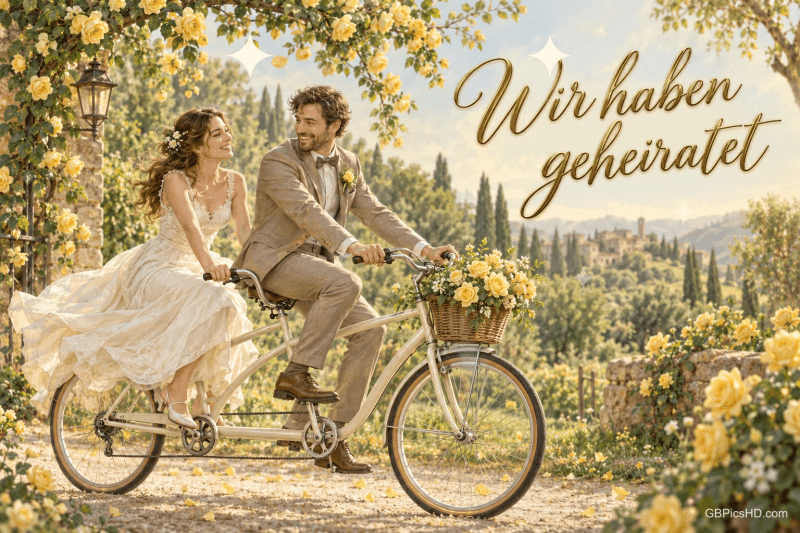 Ein Brautpaar fährt auf einem Tandem durch einen blühenden Garten; rechts steht "Wir haben geheiratet". Ein Brautpaar fährt auf einem Tandem durch einen blühenden Garten; rechts steht "Wir haben geheiratet".