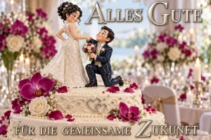 Auf einer Hochzeitstorte stehen Brautfiguren zwischen Blumen mit dem Gruß "Alles Gute für die gemeinsame Zukunft".