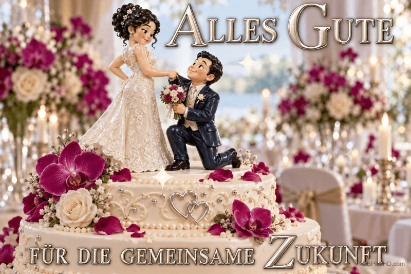 Auf einer Hochzeitstorte stehen Brautfiguren zwischen Blumen mit dem Gruß "Alles Gute für die gemeinsame Zukunft". Auf einer Hochzeitstorte stehen Brautfiguren zwischen Blumen mit dem Gruß "Alles Gute für die gemeinsame Zukunft".