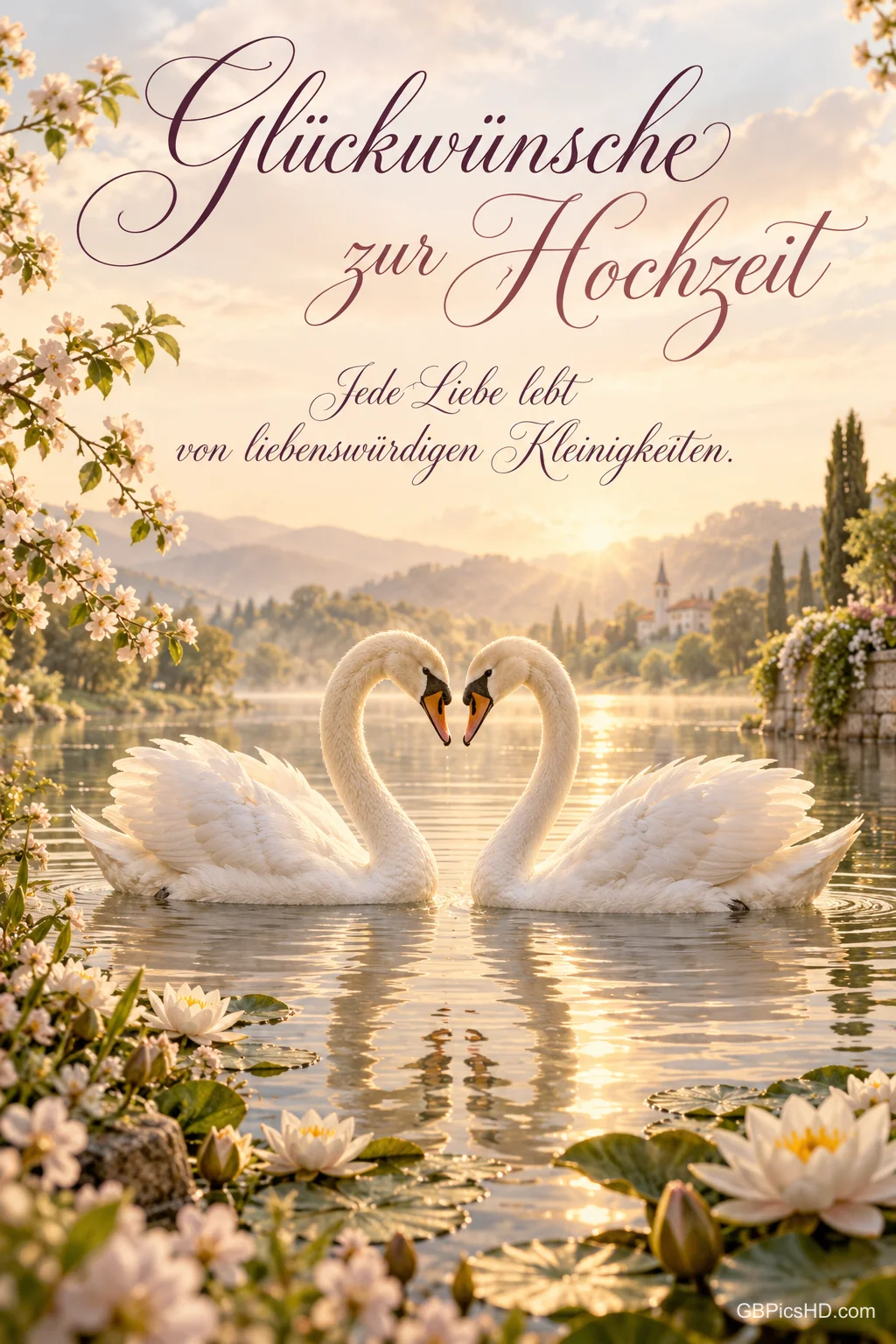 Zwei Schwäne bilden auf einem See ein Herz: "Glückwünsche zur Hochzeit Jede Liebe lebt von liebenswürdigen Kleinigkeiten." Zwei Schwäne bilden auf einem See ein Herz: "Glückwünsche zur Hochzeit Jede Liebe lebt von liebenswürdigen Kleinigkeiten."