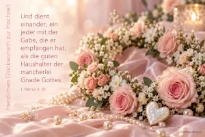 Rosa Rosen, Perlen und ein Herz liegen auf Satin neben einem Bibelvers und "Herzlichen Glückwunsch zur Hochzeit".