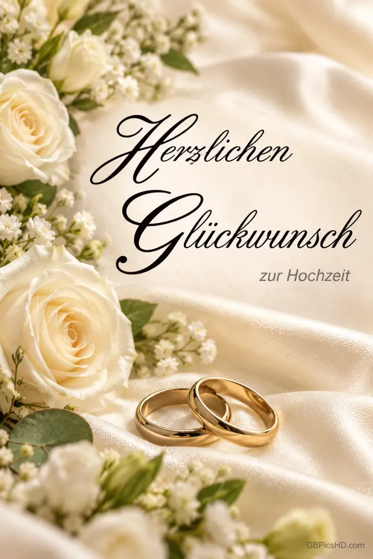 Weiße Rosen und zwei goldene Eheringe liegen auf hellem Satin mit "Herzlichen Glückwunsch zur Hochzeit".
