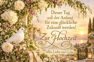 Eine weiße Taube zwischen Blüten neben "Dieser Tag soll der Anfang für eine glückliche Zukunft werden! Zur Hochzeit alles Liebe und Gute".