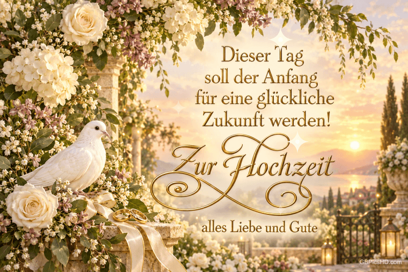 Eine weiße Taube zwischen Blüten neben "Dieser Tag soll der Anfang für eine glückliche Zukunft werden! Zur Hochzeit alles Liebe und Gute". Eine weiße Taube zwischen Blüten neben "Dieser Tag soll der Anfang für eine glückliche Zukunft werden! Zur Hochzeit alles Liebe und Gute".
