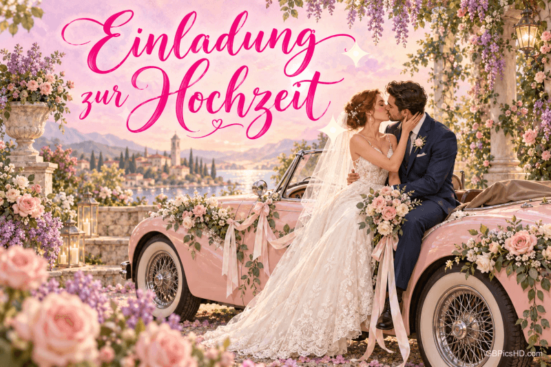 Ein Brautpaar küsst sich an einem rosa Oldtimer unter Blüten; oben steht "Einladung zur Hochzeit". Ein Brautpaar küsst sich an einem rosa Oldtimer unter Blüten; oben steht "Einladung zur Hochzeit".