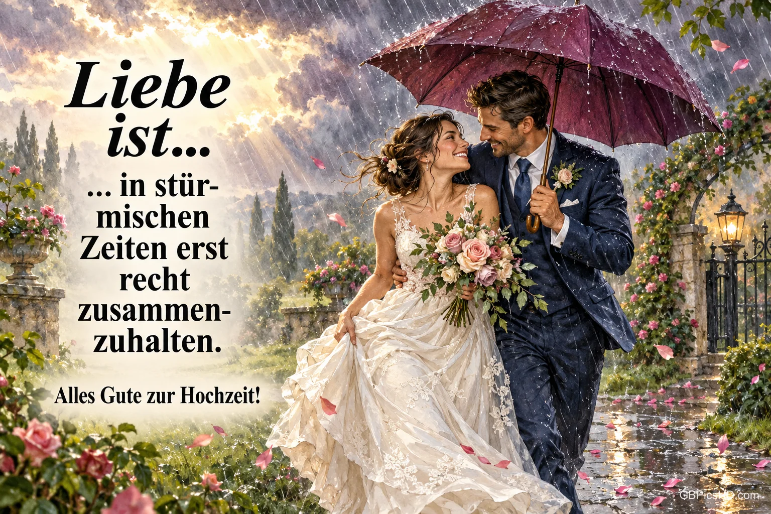 Ein Brautpaar steht im Regen unter einem Schirm: "Liebe ist... ...in stürmischen Zeiten erst recht zusammenzuhalten. Alles Gute zur Hochzeit!" Ein Brautpaar steht im Regen unter einem Schirm: "Liebe ist... ...in stürmischen Zeiten erst recht zusammenzuhalten. Alles Gute zur Hochzeit!"