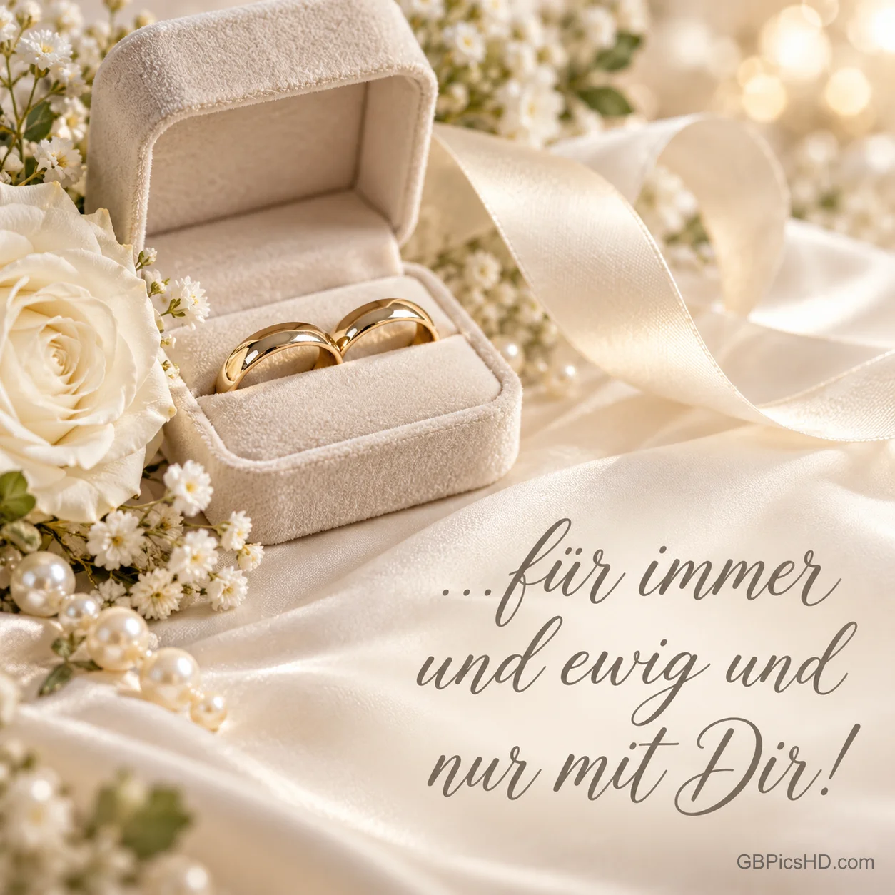 Zwei goldene Ringe liegen in einer offenen Schatulle bei Rosen und Perlen: "...für immer und ewig und nur mit Dir!" Zwei goldene Ringe liegen in einer offenen Schatulle bei Rosen und Perlen: "...für immer und ewig und nur mit Dir!"