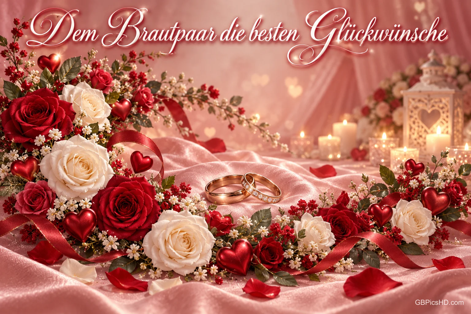 Rote und weiße Rosen, goldene Trauringe und Kerzen auf rosa Satin mit "Dem Brautpaar die besten Glückwünsche". Rote und weiße Rosen, goldene Trauringe und Kerzen auf rosa Satin mit "Dem Brautpaar die besten Glückwünsche".