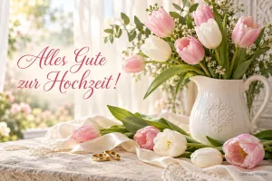 Rosa und weiße Tulpen in einem weißen Krug sowie zwei goldene Trauringe am Fenster mit "Alles Gute zur Hochzeit!".