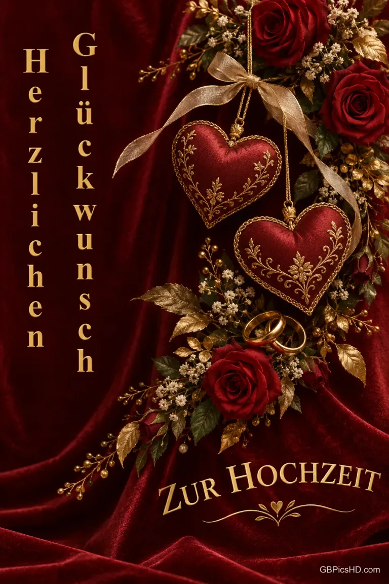 Zwei rote Stoffherzen mit goldener Stickerei, rote Rosen und Trauringe auf rotem Samt mit "Herzlichen Glückwunsch zur Hochzeit".