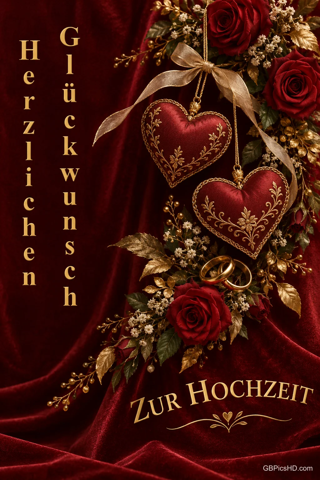 Zwei rote Stoffherzen mit goldener Stickerei, rote Rosen und Trauringe auf rotem Samt mit "Herzlichen Glückwunsch zur Hochzeit". Zwei rote Stoffherzen mit goldener Stickerei, rote Rosen und Trauringe auf rotem Samt mit "Herzlichen Glückwunsch zur Hochzeit".