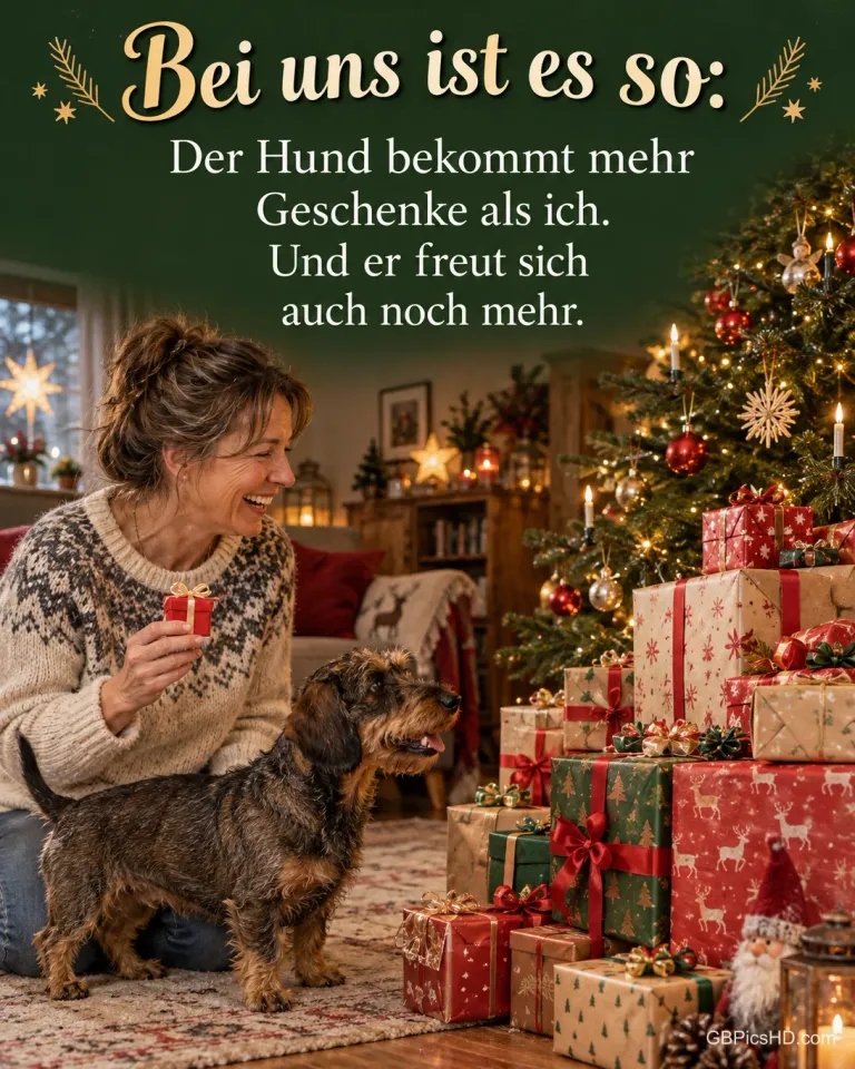 Ein Rauhaardackel neben einem großen Geschenkeberg unter dem Weihnachtsbaum, sein Frauchen hält lachend ein winziges Geschenk, dazu „Bei uns ist es so“.