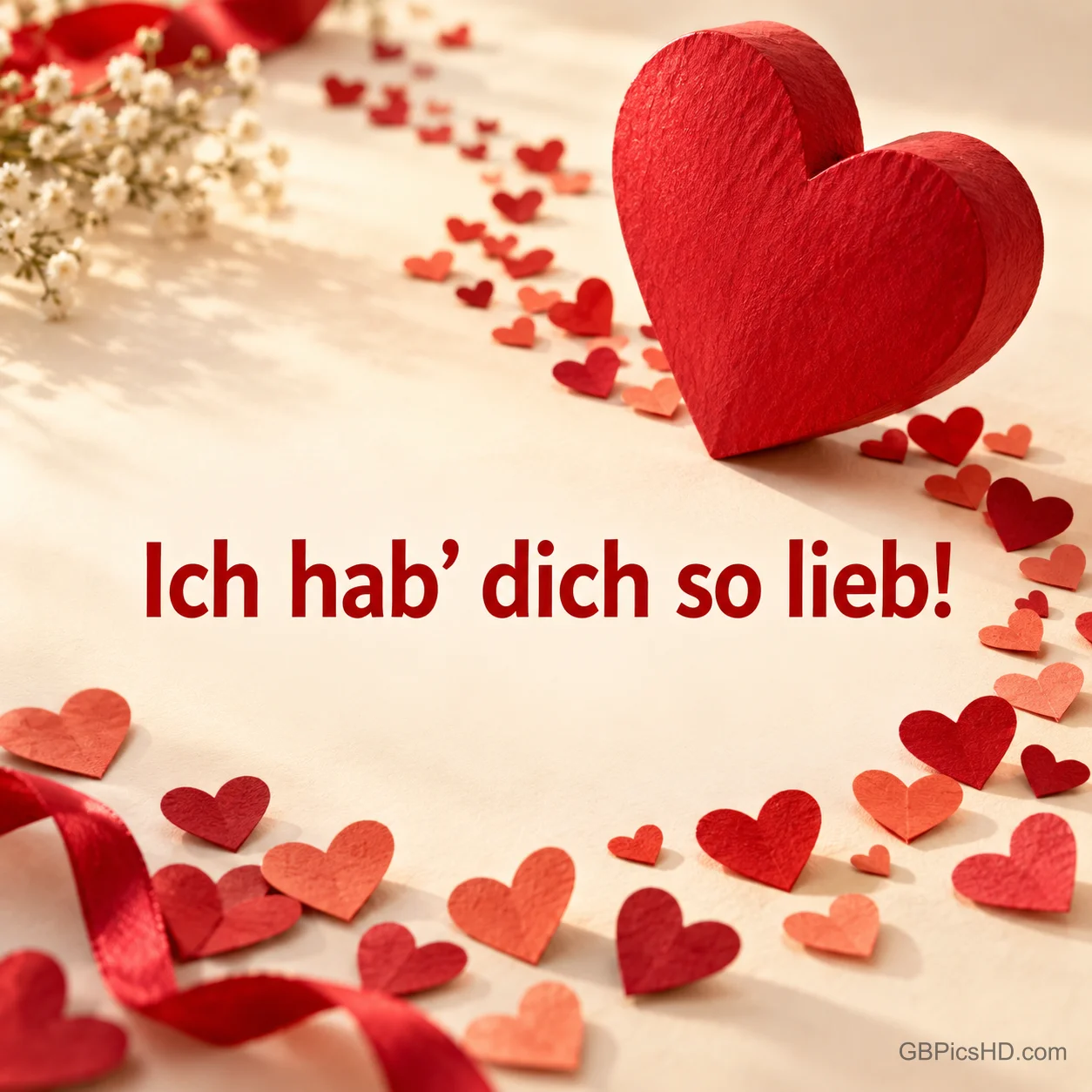 Ein großes rotes Herz und viele kleine Papierherzen auf hellem Grund mit dem Text "Ich hab' dich so lieb!". Ein großes rotes Herz und viele kleine Papierherzen auf hellem Grund mit dem Text "Ich hab’ dich so lieb!".