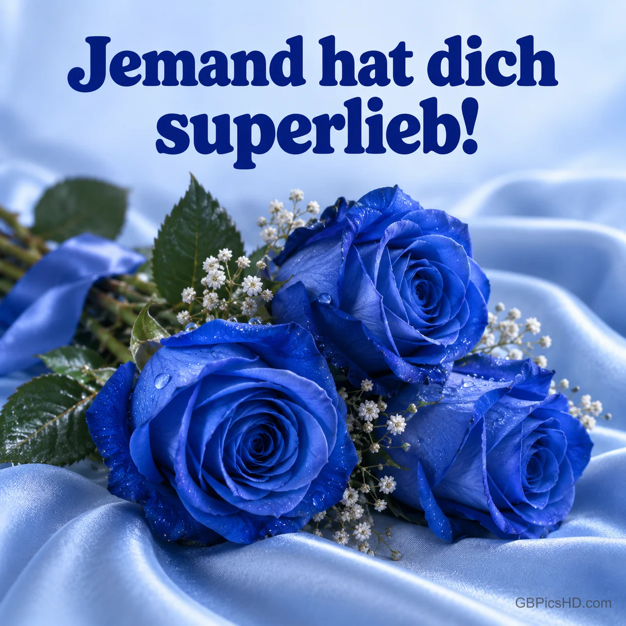 Drei blaue Rosen mit Schleierkraut liegen auf blauem Satin, darüber steht "Jemand hat dich superlieb!". Drei blaue Rosen mit Schleierkraut liegen auf blauem Satin, darüber steht "Jemand hat dich superlieb!".