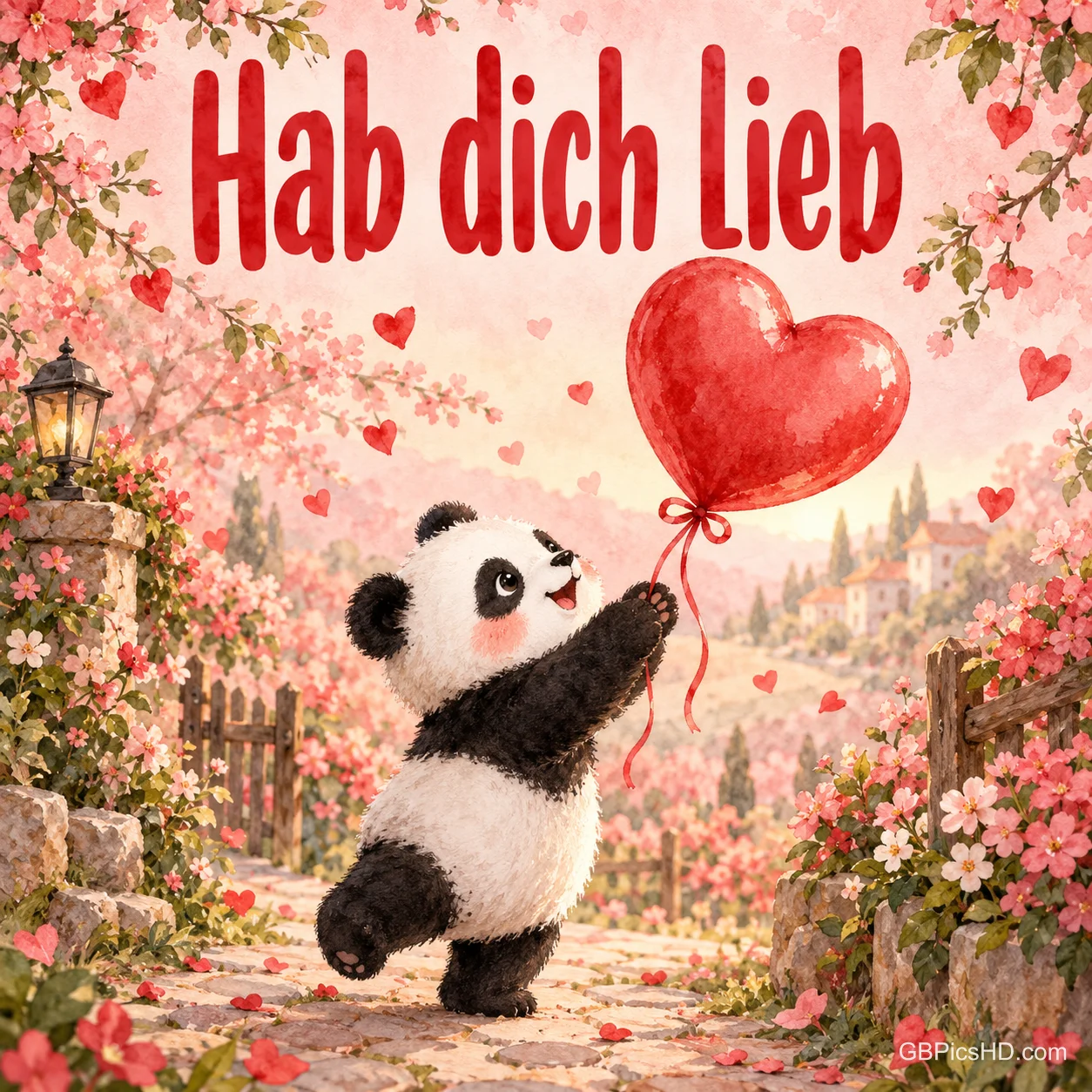 Ein kleiner Panda hält einen roten Herzballon in einem blühenden Garten, darüber steht "Hab dich lieb". Ein kleiner Panda hält einen roten Herzballon in einem blühenden Garten, darüber steht "Hab dich lieb".