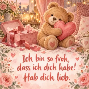 Ein Teddybär umarmt ein Stoffherz neben einer Geschenkbox voller Herzen, darunter "Ich bin so froh, dass ich dich habe! Hab dich lieb."