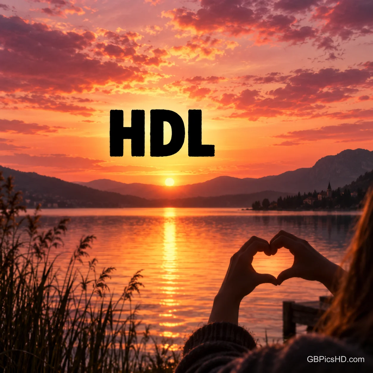 Zwei Hände formen ein Herz vor einem Sonnenuntergang am See, darüber steht "HDL". Zwei Hände formen ein Herz vor einem Sonnenuntergang am See, darüber steht "HDL".