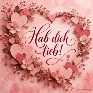Ein Kranz aus rosa Blüten und Filzherzen in Herzform umrahmt den Schriftzug "Hab dich lieb!".