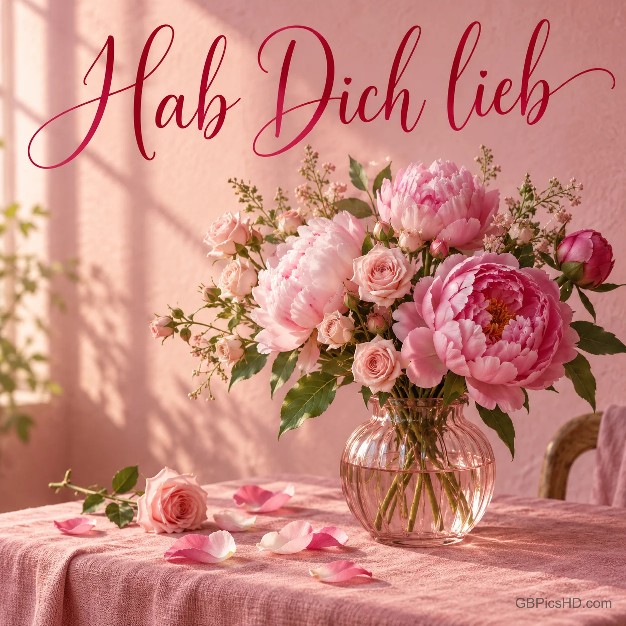 Ein Strauß rosa Pfingstrosen in einer Glasvase steht im sonnigen Zimmer, darüber steht "Hab Dich lieb". Ein Strauß rosa Pfingstrosen in einer Glasvase steht im sonnigen Zimmer, darüber steht "Hab Dich lieb".