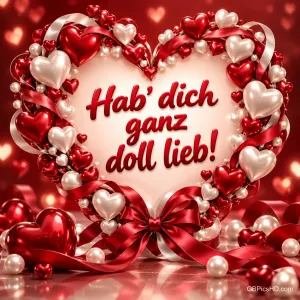 Ein Herz aus roten und weißen Herzen, Perlen und Schleifen umrahmt den Text "Hab' dich ganz doll lieb!".