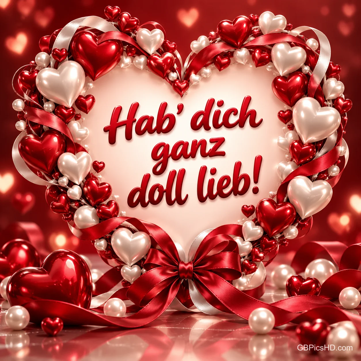 Ein Herz aus roten und weißen Herzen, Perlen und Schleifen umrahmt den Text "Hab' dich ganz doll lieb!". Ein Herz aus roten und weißen Herzen, Perlen und Schleifen umrahmt den Text "Hab’ dich ganz doll lieb!".