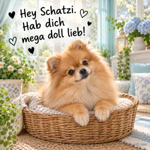 Ein Zwergspitz liegt in einem Korb in einem hellen Zimmer, dazu "Hey Schatzi. Hab dich mega doll lieb!".