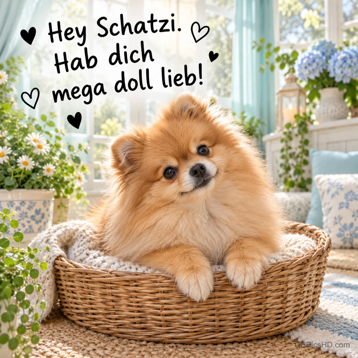 Ein Zwergspitz liegt in einem Korb in einem hellen Zimmer, dazu "Hey Schatzi. Hab dich mega doll lieb!". Ein Zwergspitz liegt in einem Korb in einem hellen Zimmer, dazu "Hey Schatzi. Hab dich mega doll lieb!".