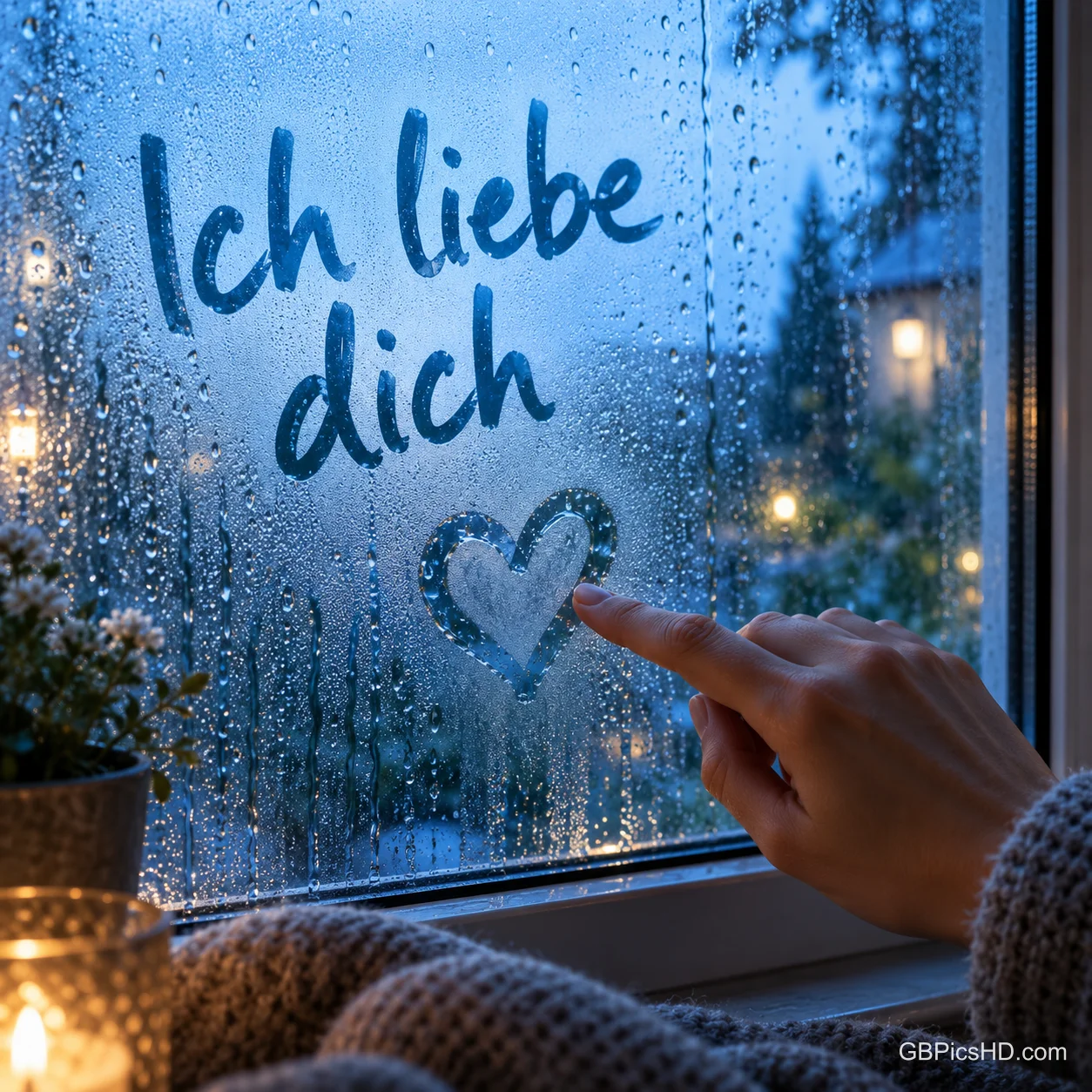 Eine Hand malt ein Herz auf eine beschlagene, regennasse Fensterscheibe am Abend, darüber steht in Blau "Ich liebe dich", davor eine Kerze und weiche Wolle Eine Hand malt ein Herz auf eine beschlagene, regennasse Fensterscheibe am Abend, darüber steht in Blau "Ich liebe dich", davor eine Kerze und weiche Wolle