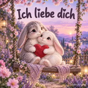 Zwei kuschelige Häschen sitzen eng umarmt mit einem roten Herz auf einer blumengeschmückten Schaukel im Abendlicht, darüber "Ich liebe dich"